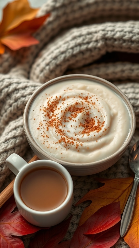 A cozy bowl of spiced chai rice pudding with a cup of chai tea, surrounded by autumn leaves and a knit blanket.
