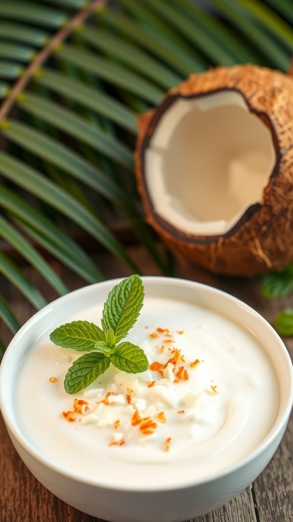 A bowl of creamy vegan coconut pudding garnished with mint leaves and coconut flakes, with a coconut shell in the background.
