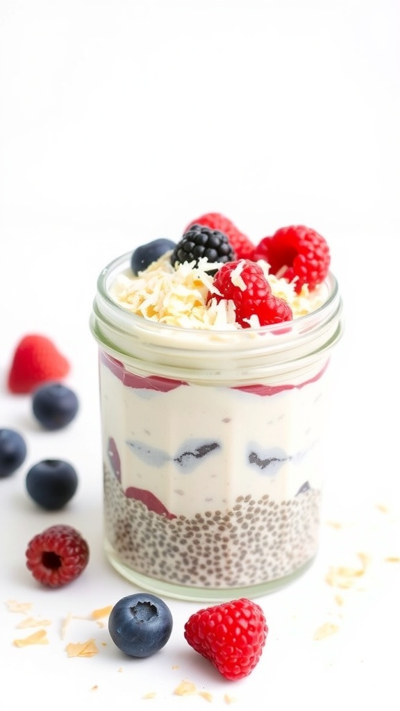 A jar of coconut chia pudding topped with fresh berries and shredded coconut.