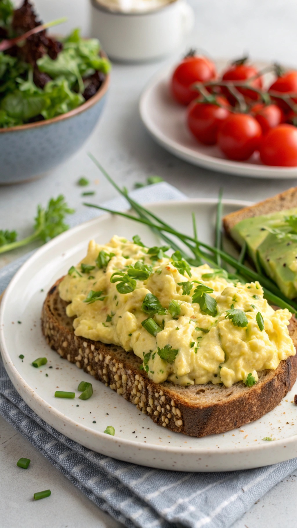 A plate with egg salad on whole grain bread, topped with herbs, alongside avocado toast and cherry tomatoes.