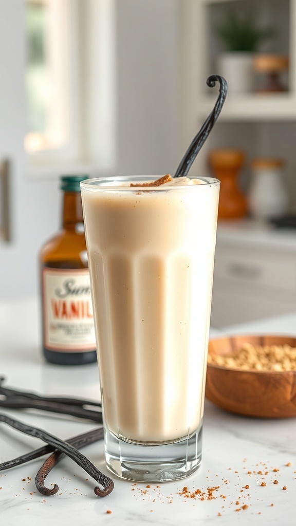 A creamy vanilla bean cheesecake smoothie in a tall glass, garnished with a vanilla bean and a sprinkle of cinnamon, with vanilla extract and crushed graham crackers in the background.