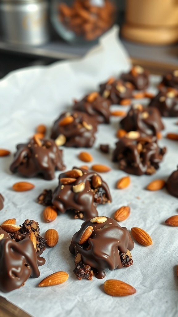 Chocolate almond clusters on parchment paper with whole almonds sprinkled on top.