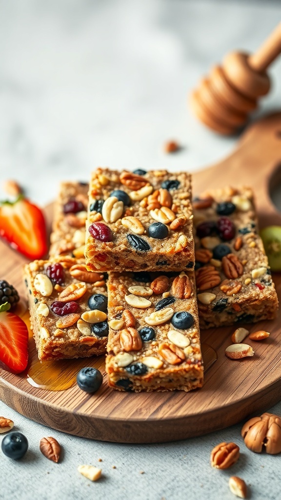 A close-up of fruit and nut energy bars stacked on a wooden board, surrounded by fresh berries and honey.