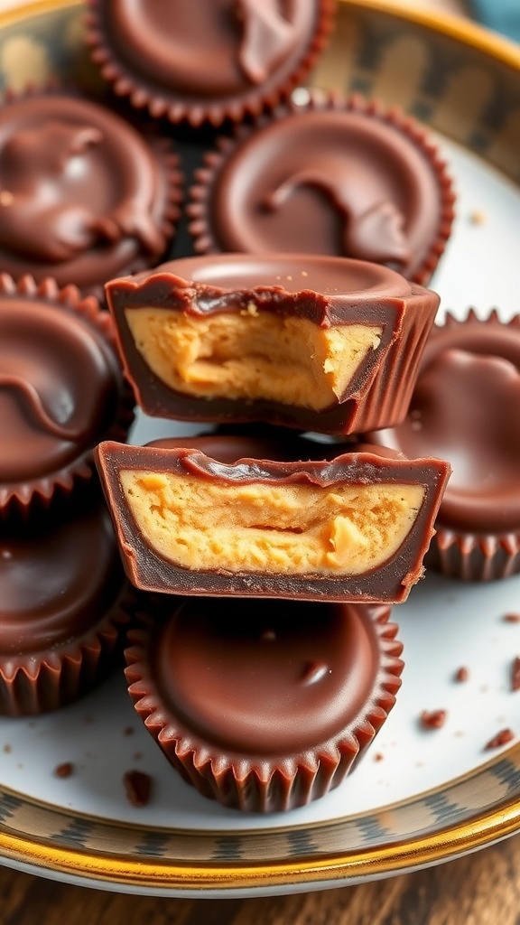 A plate of chocolate peanut butter cups, some cut in half to show the creamy filling inside.