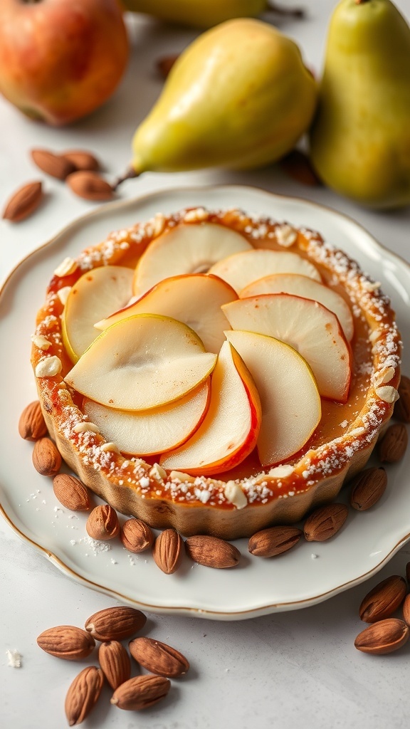 A beautifully arranged pear and almond tart on a plate, surrounded by fresh pears and almonds.