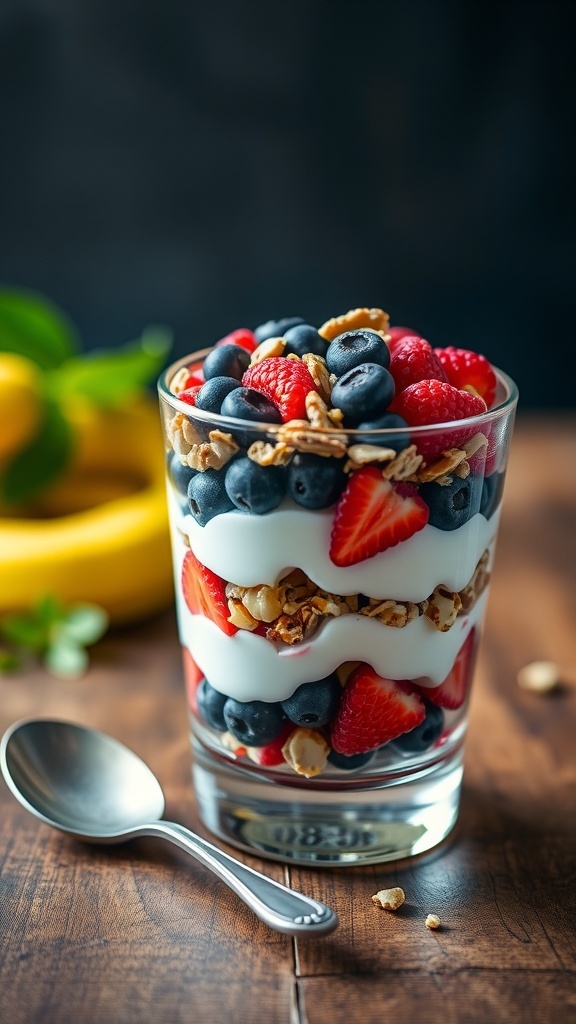 A delicious berry keto parfait with layers of yogurt, strawberries, blueberries, and raspberries topped with nuts.