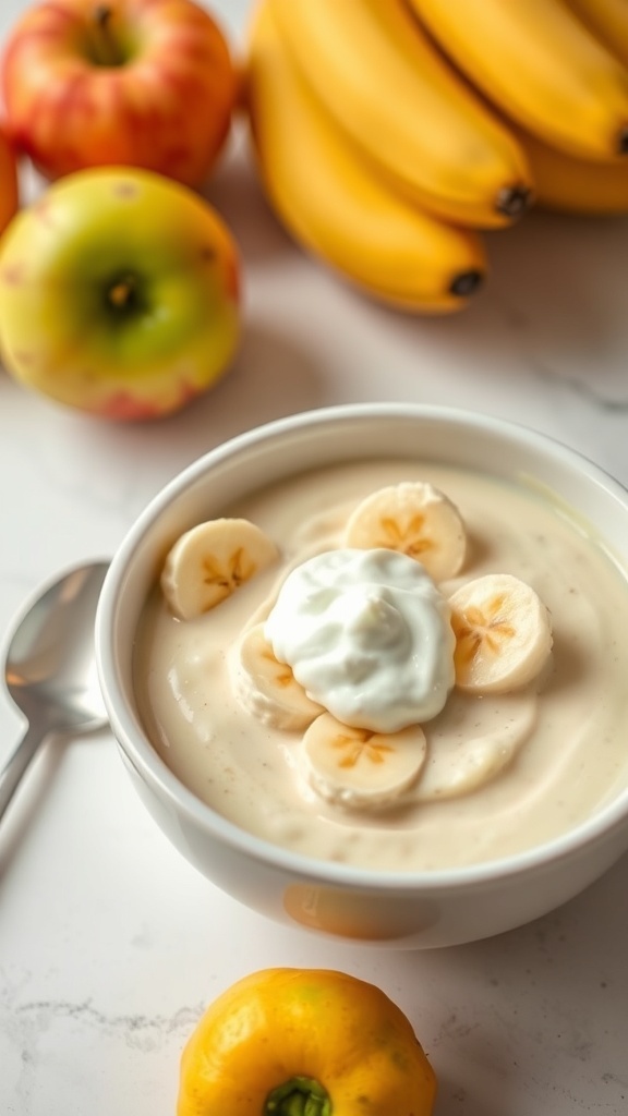 A bowl of Greek yogurt banana pudding topped with banana slices and whipped cream, with apples and bananas in the background.