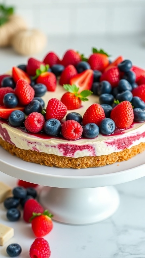 A no-bake berry cheesecake topped with fresh strawberries and blueberries on a white cake stand.