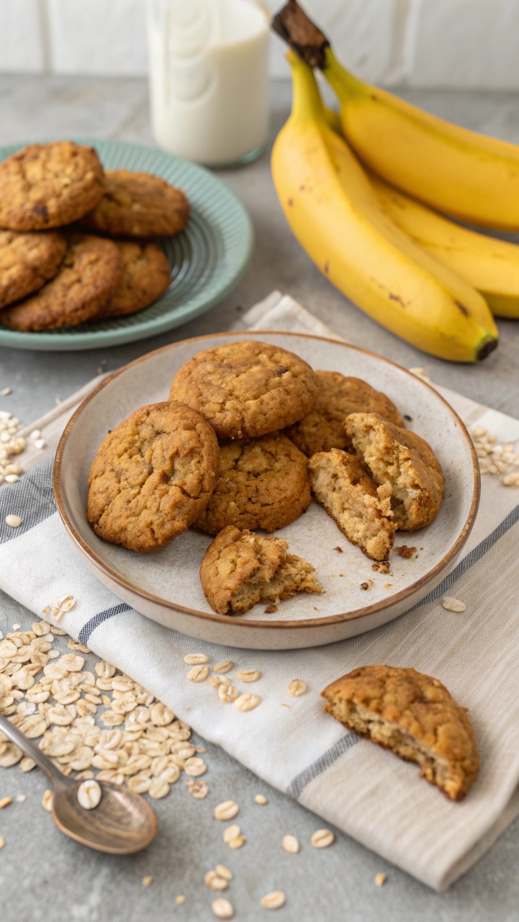 A plate of banana oatmeal cookies with a bunch of bananas and a glass of milk in the background.