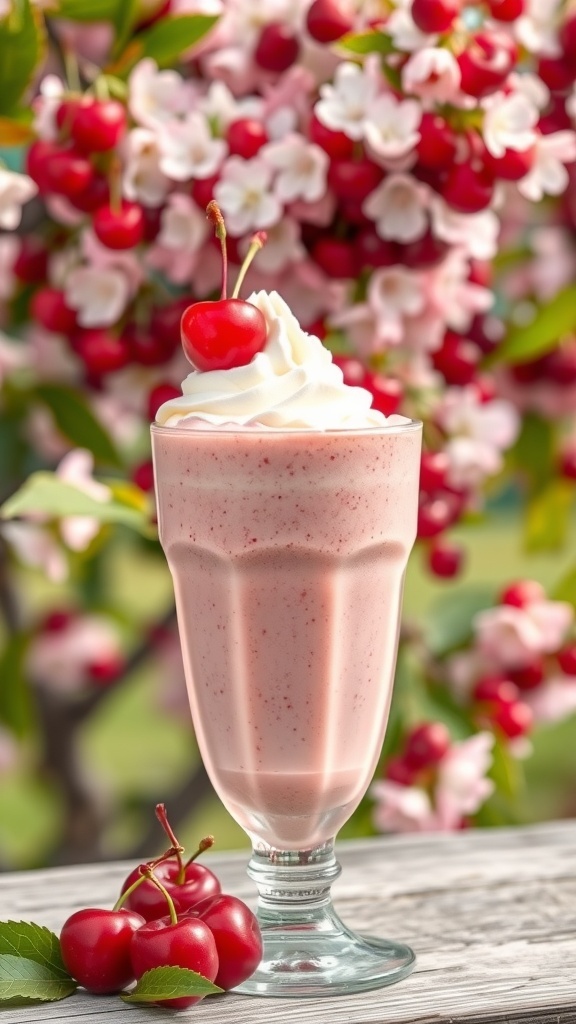 A cherry cheesecake smoothie topped with whipped cream and a cherry, with cherry blossoms in the background.