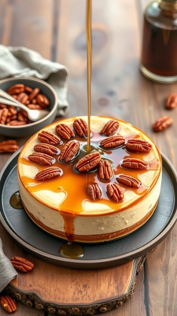 Maple Pecan Protein Cheesecake topped with pecans and maple syrup