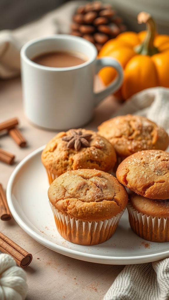 A plate of pumpkin spice muffins with a cup of coffee and a small pumpkin