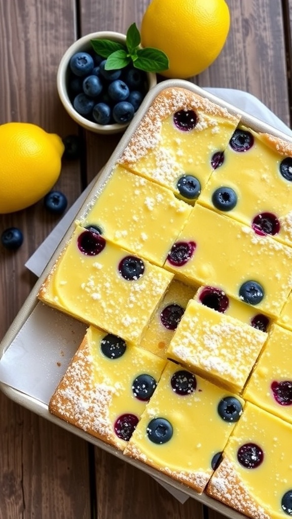 Lemon blueberry bars topped with blueberries and dusted with powdered sugar, with lemons in the background.