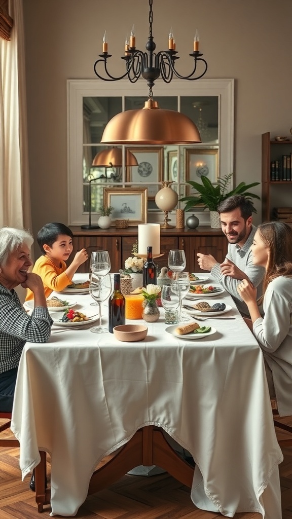 A family enjoying a meal together at a beautifully set table, filled with food and drinks.