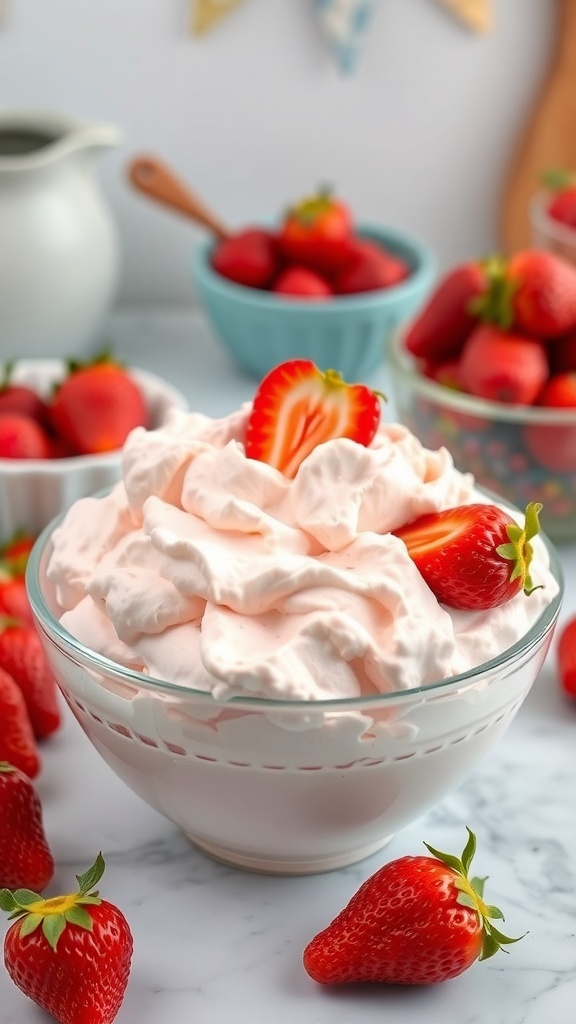 A bowl of low-carb strawberry fluff topped with fresh strawberries, surrounded by more strawberries.