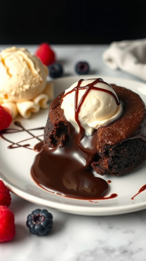 A delicious vegan chocolate lava cake with ice cream and berries