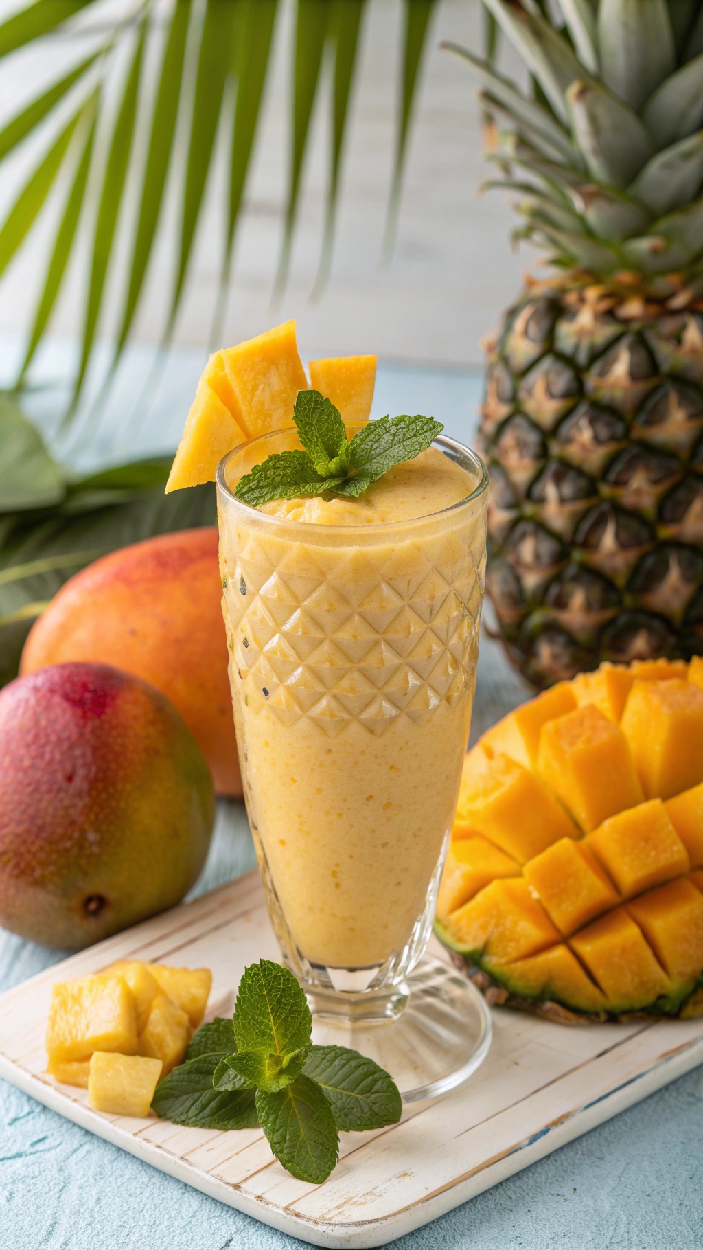 A refreshing mango pineapple smoothie garnished with mint leaves and fresh fruit.