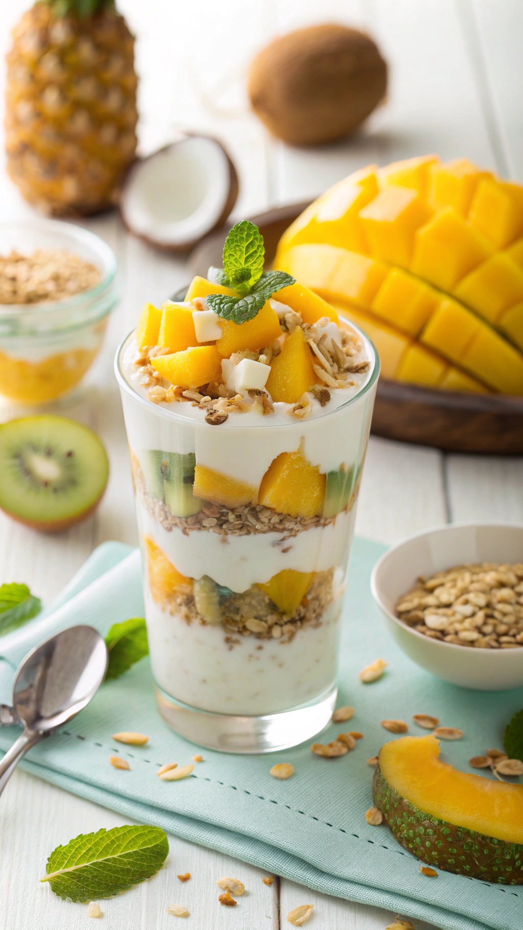 A coconut yogurt parfait layered with mango, kiwi, and granola, garnished with mint leaves.