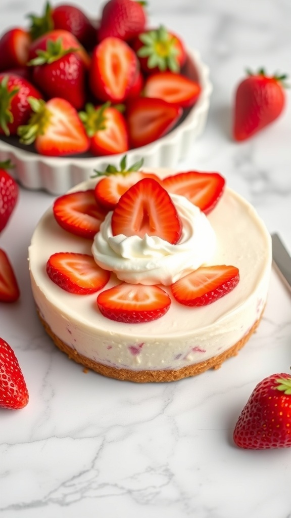 A delicious strawberry protein cheesecake topped with fresh strawberries and whipped cream, with more strawberries in the background.