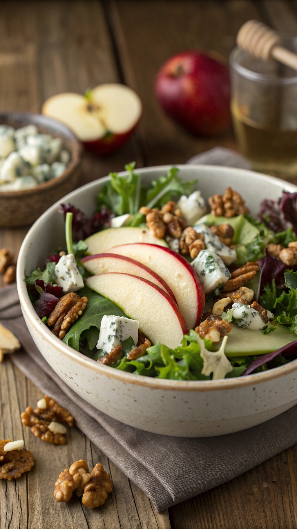 A bowl of Apple Walnut Salad with greens, apple slices, walnuts, and blue cheese.