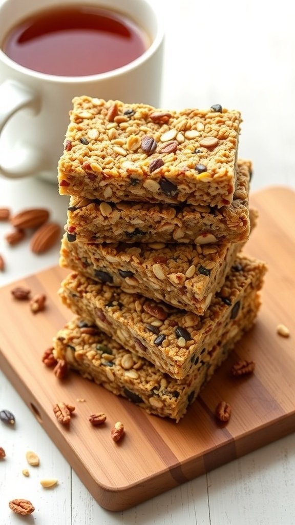 A stack of low-carb granola bars next to a cup of tea on a wooden board.