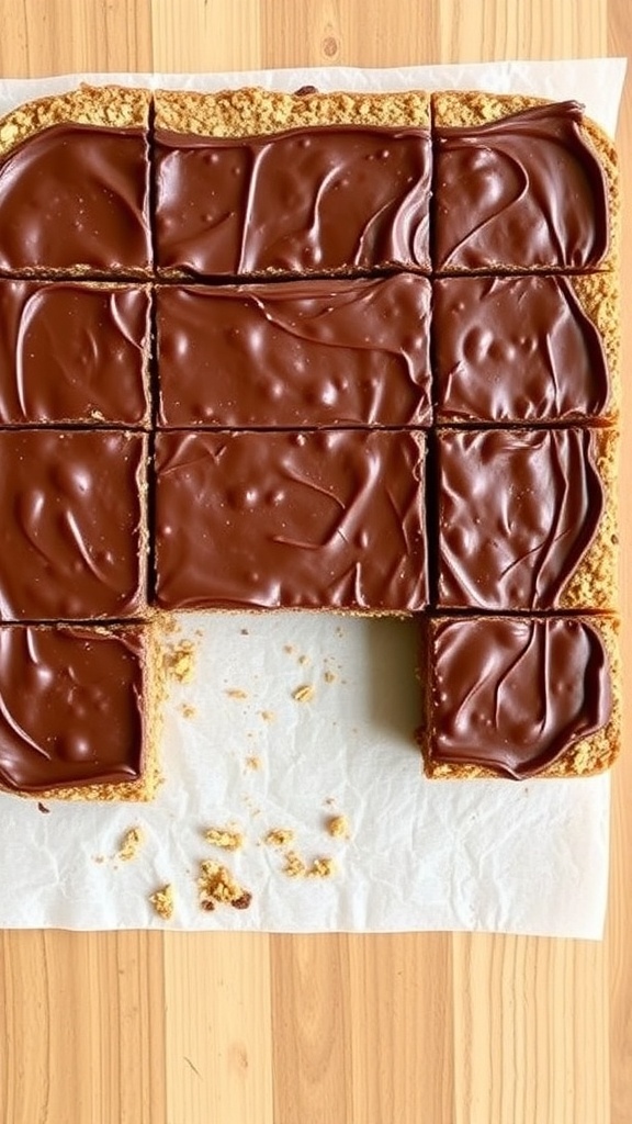 No-bake chocolate oat bars cut into squares, topped with a smooth layer of chocolate.