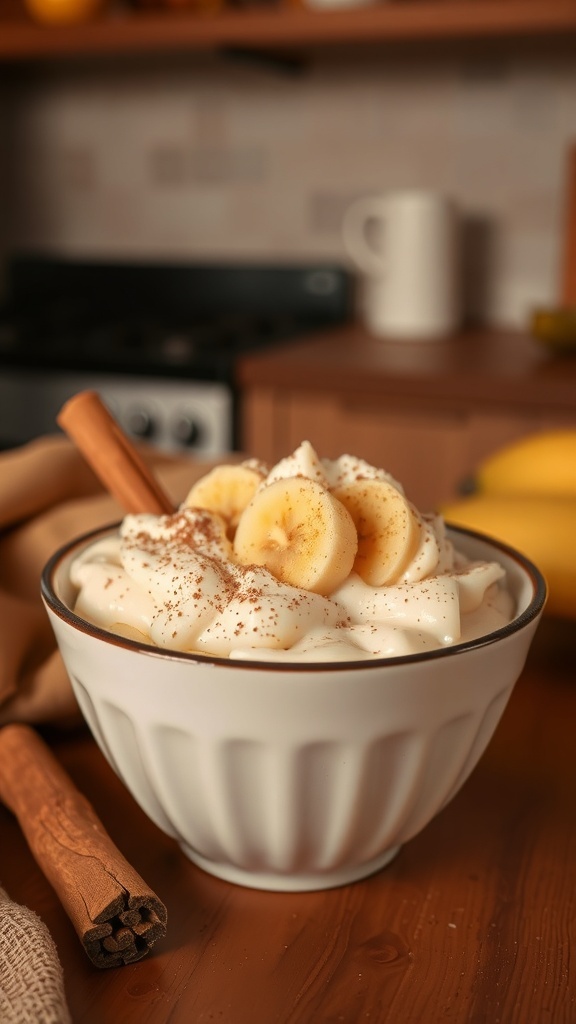 A bowl of cinnamon banana pudding topped with banana slices and a sprinkle of cinnamon, with a cinnamon stick beside it.