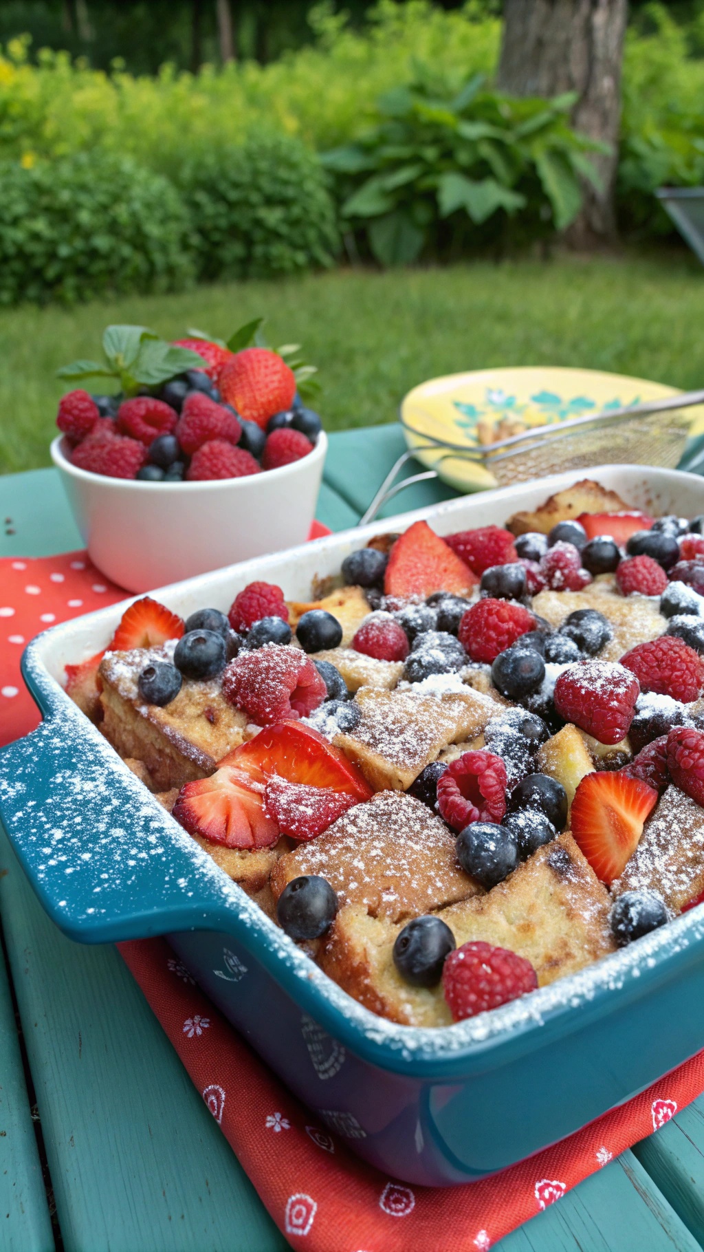 Berry Blast French Toast Casserole topped with fresh berries and powdered sugar.