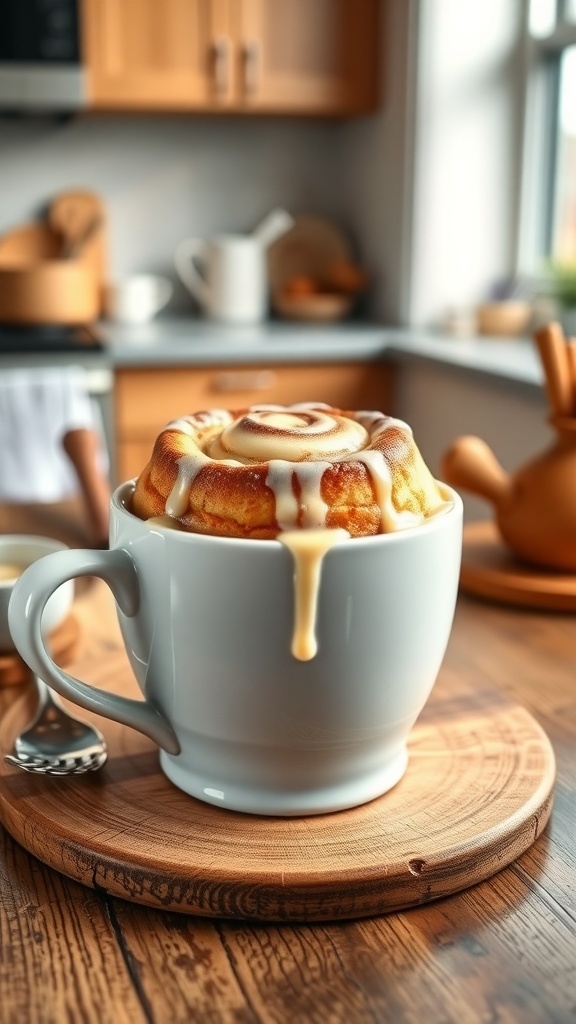 A cinnamon roll mug cake topped with cream cheese frosting in a white mug, set on a wooden plate in a cozy kitchen.