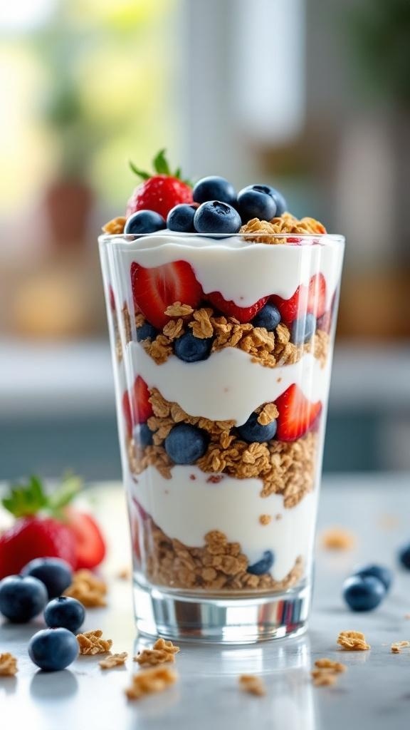 A glass of fruit-infused Greek yogurt layered with strawberries, blueberries, and granola.