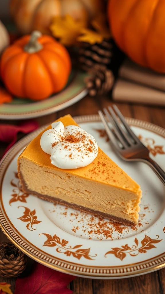 A slice of pumpkin spice cheesecake on a decorative plate, topped with whipped cream and cinnamon, surrounded by small pumpkins and autumn leaves.