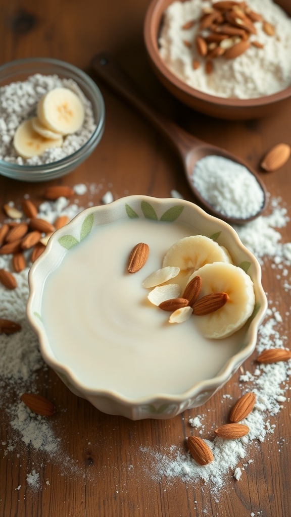 A bowl of almond banana pudding topped with banana slices and almonds, surrounded by almond flour and powdered sugar.