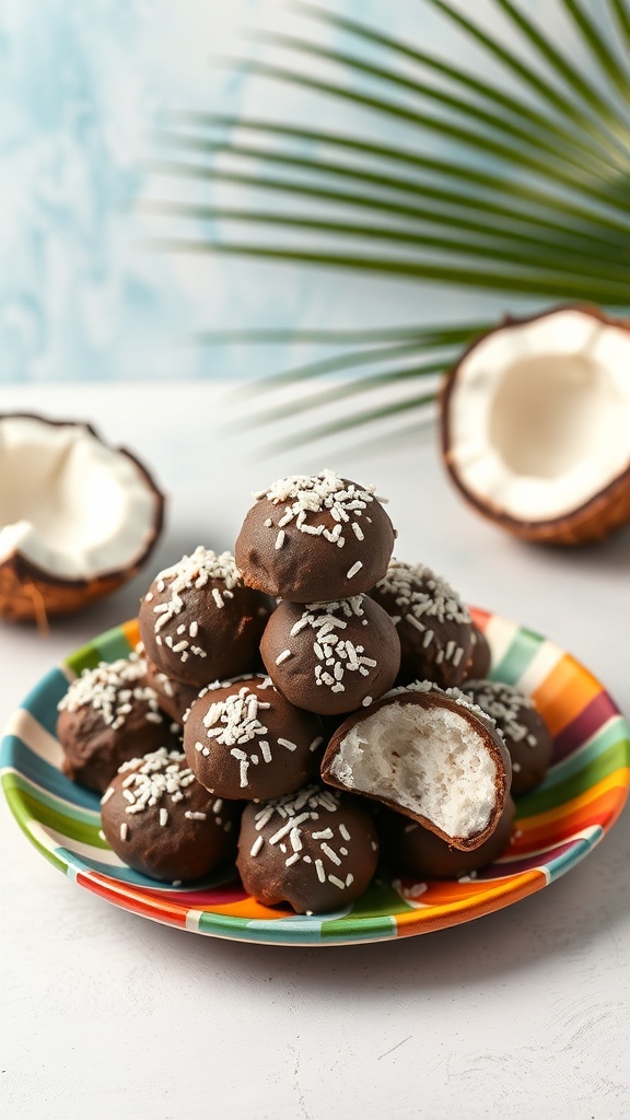 A colorful plate of chocolate coconut fat bombs with a bite taken out of one.