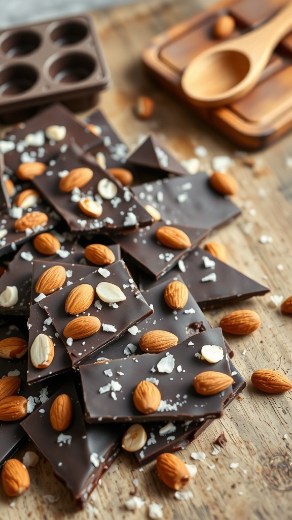 Dark chocolate almond bark with almonds and sea salt on a wooden surface