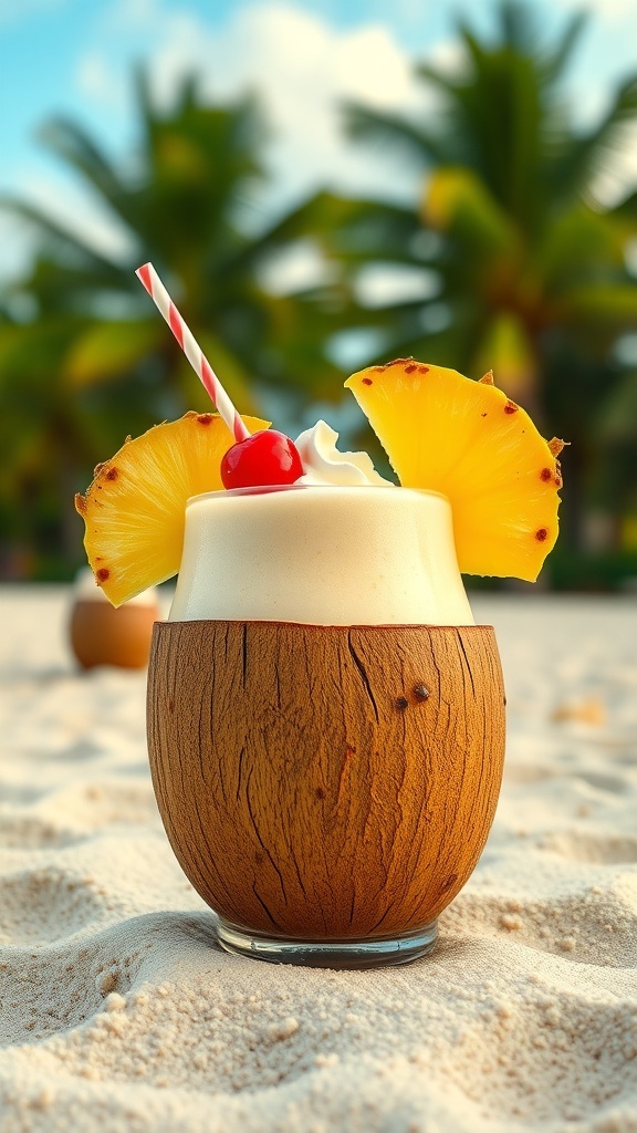 A refreshing pineapple cheesecake smoothie served in a coconut cup, topped with a cherry and pineapple slice, set against a beach background.