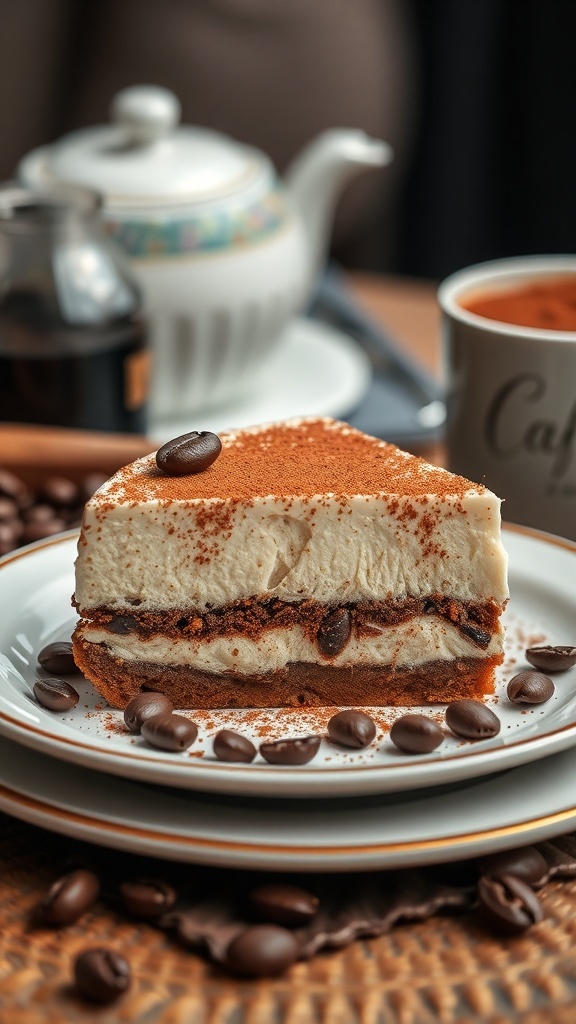 A slice of tiramisu protein cheesecake on a plate, garnished with cocoa powder and coffee beans.