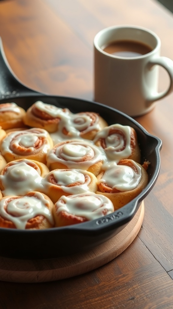A warm cinnamon roll casserole in a cast iron skillet with a cup of coffee beside it.