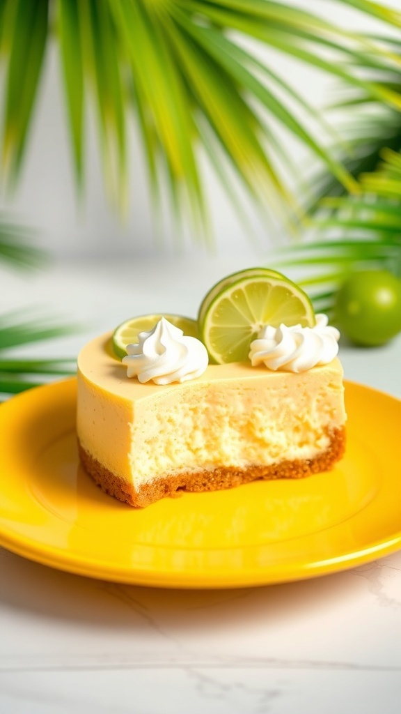 A slice of key lime cheesecake on a yellow plate, garnished with lime slices and whipped cream.