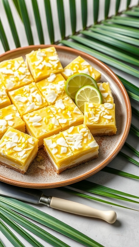 A plate of coconut lime bars garnished with lime slices and shredded coconut, surrounded by green palm leaves.