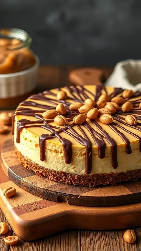 Peanut Butter Protein Cheesecake topped with chocolate drizzle and peanuts