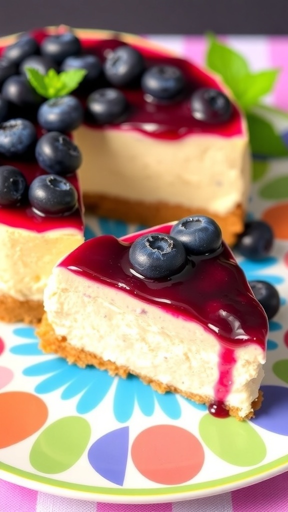 Blueberry Lemon Protein Cheesecake topped with blueberries and a slice of lemon on a colorful plate