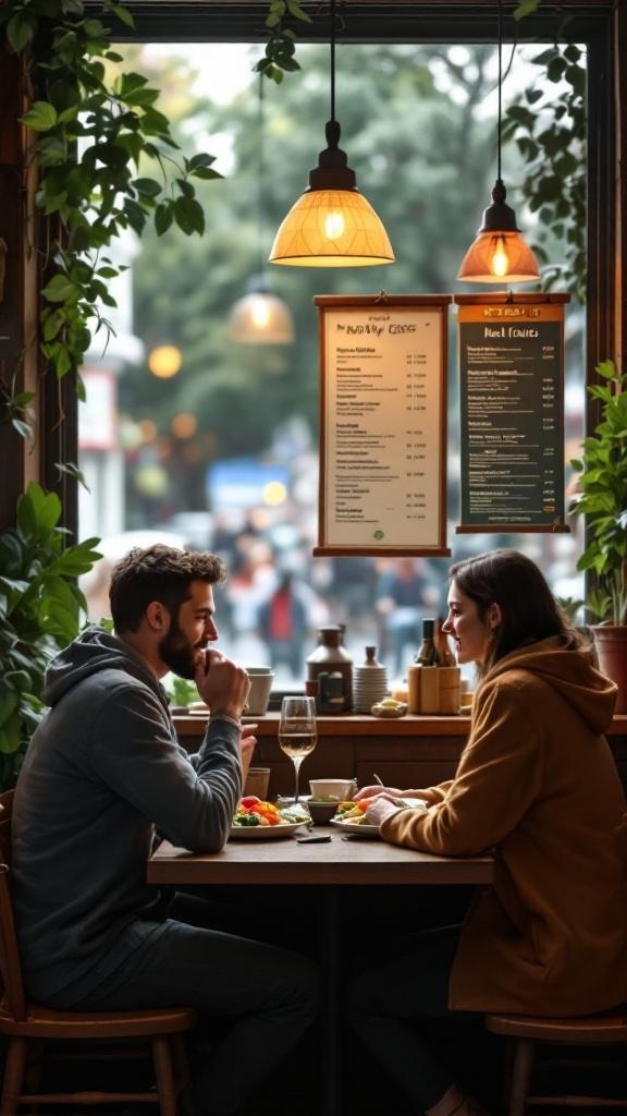 A couple enjoying a healthy meal at a restaurant, with fresh ingredients on their plates.