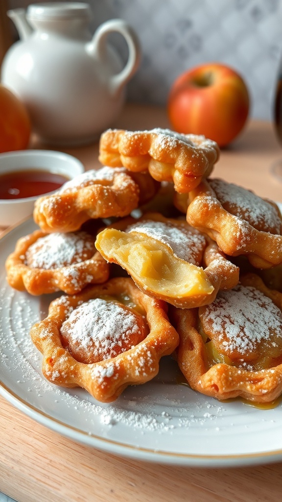 A plate of freshly made apple fritters dusted with powdered sugar, with apples and syrup in the background.