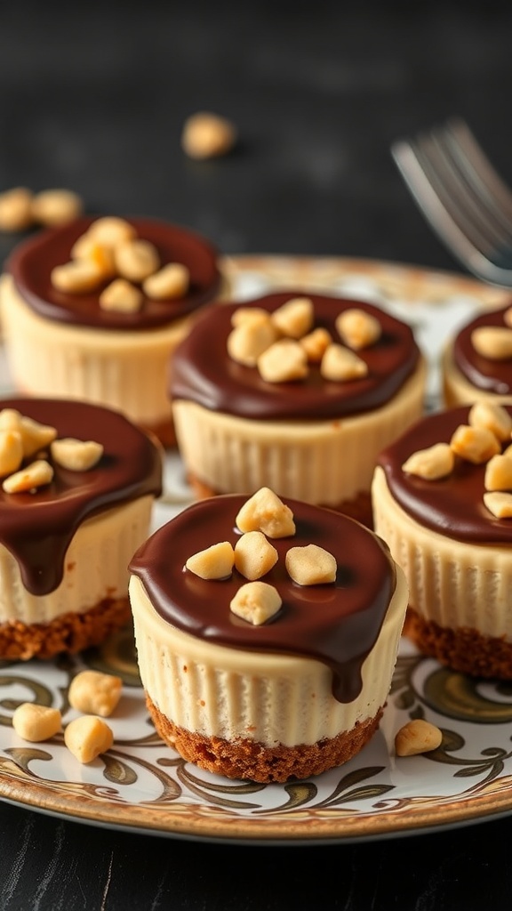 Delicious peanut butter cheesecake cups topped with chocolate and chopped peanuts on a decorative plate.