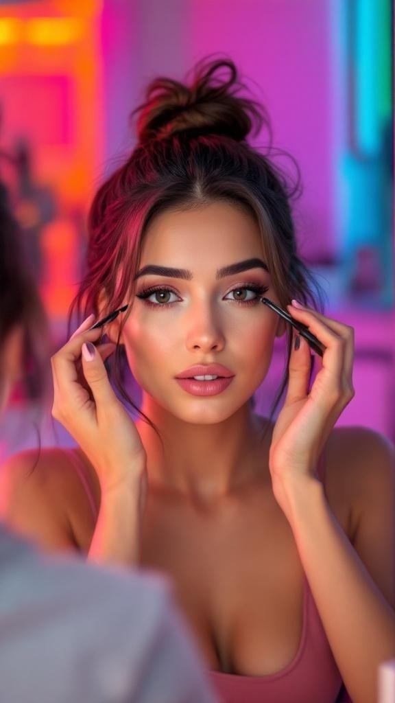 A woman applying makeup to enhance her eyes, showcasing a quick and effective makeup routine.