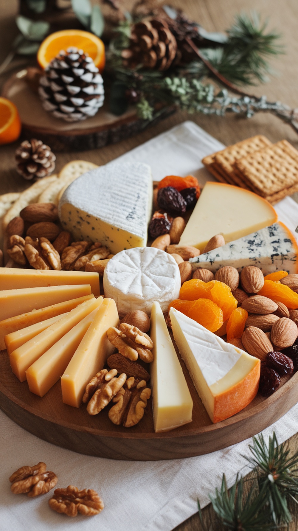 A beautifully arranged cheese board with various cheeses, nuts, dried fruits, and crackers.