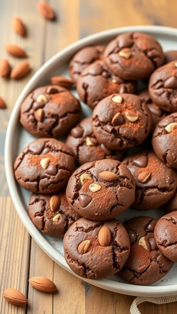 A plate of chocolate almond flour cookies, showcasing their rich texture and almond pieces.