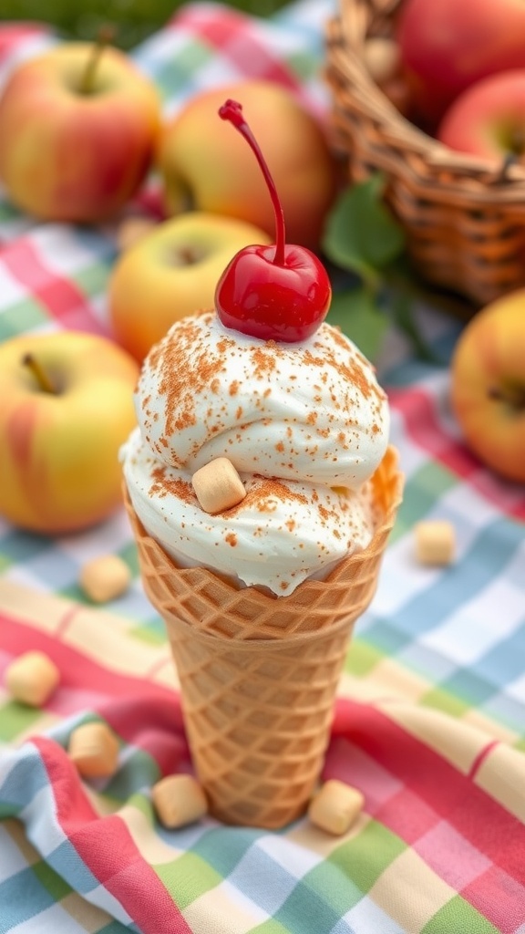 A delicious scoop of keto apple ice cream topped with whipped cream and a cherry, surrounded by fresh apples.
