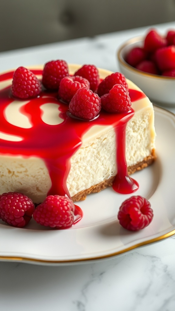 A slice of raspberry white chocolate cheesecake topped with fresh raspberries and raspberry sauce.