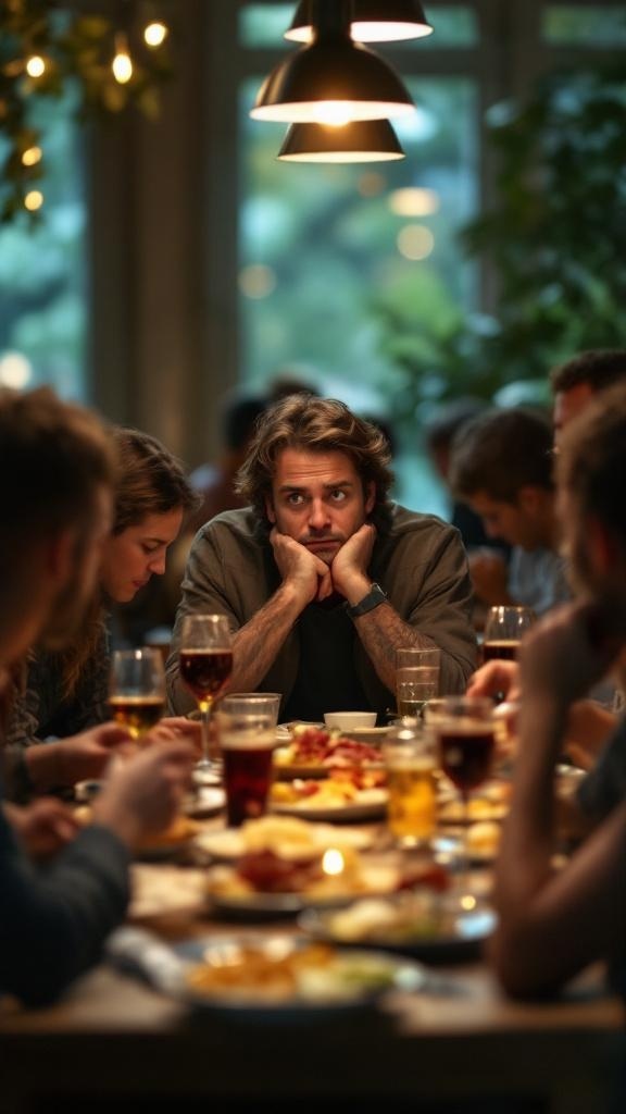 A group of people at a dinner table with one person looking thoughtful while others enjoy their meal.